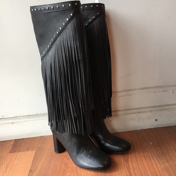 black leather fringe boots